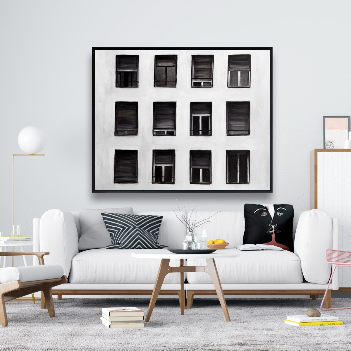 C1FC4860521MZW 48 x 60 in. Windows - Gray Building Framed Canvas - Home Decor Art