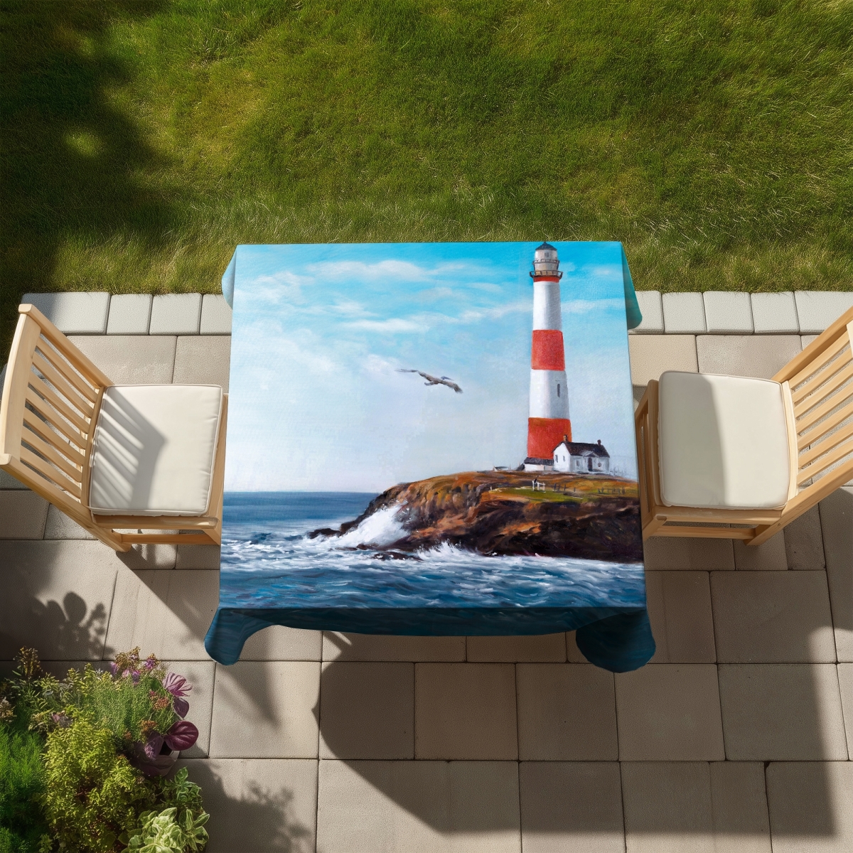 Picture of Begin Home Decor C1TC5858SJ2PJK 58 x 58 in. Lighthouse At the Edge of the Sea Tablecloth - Red Waves Decor