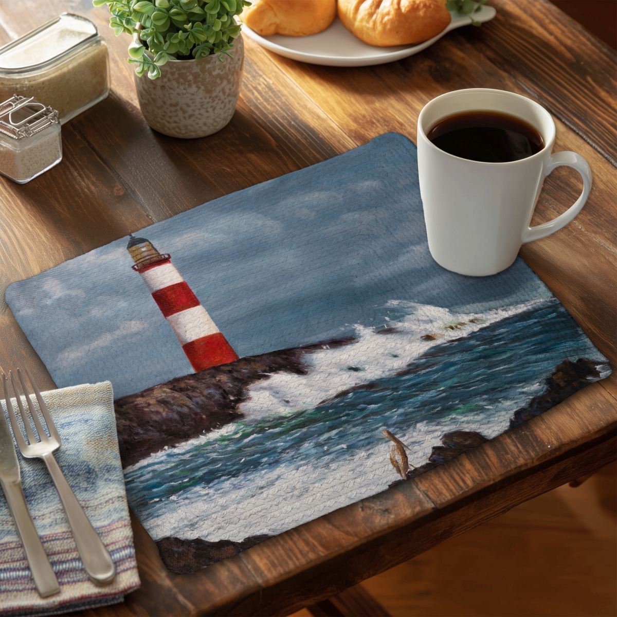 Picture of Begin Home Decor C6BP1418EYPDOG 14 x 18 in. Lighthouse At the Edge of the Sea Unleashed - Braided Placemat - Set of 6