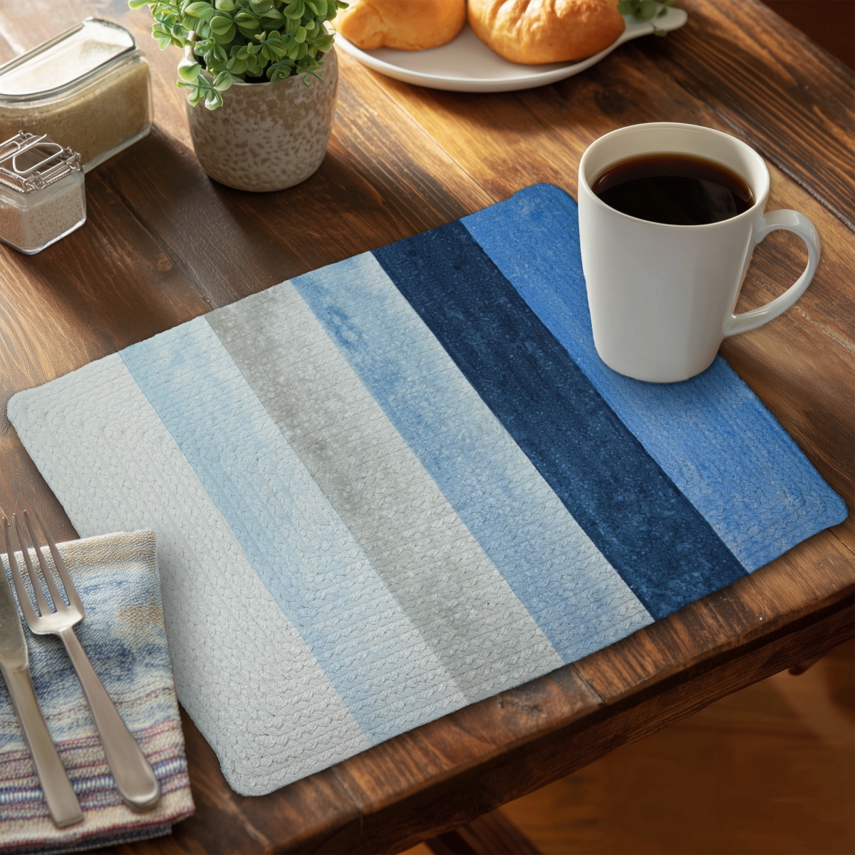 Picture of Begin Home Decor C6BP1418EMELSN 14 x 18 in. Blue Stripes Braided Polyester Placemat - Stylish Home Decor - Set of 6