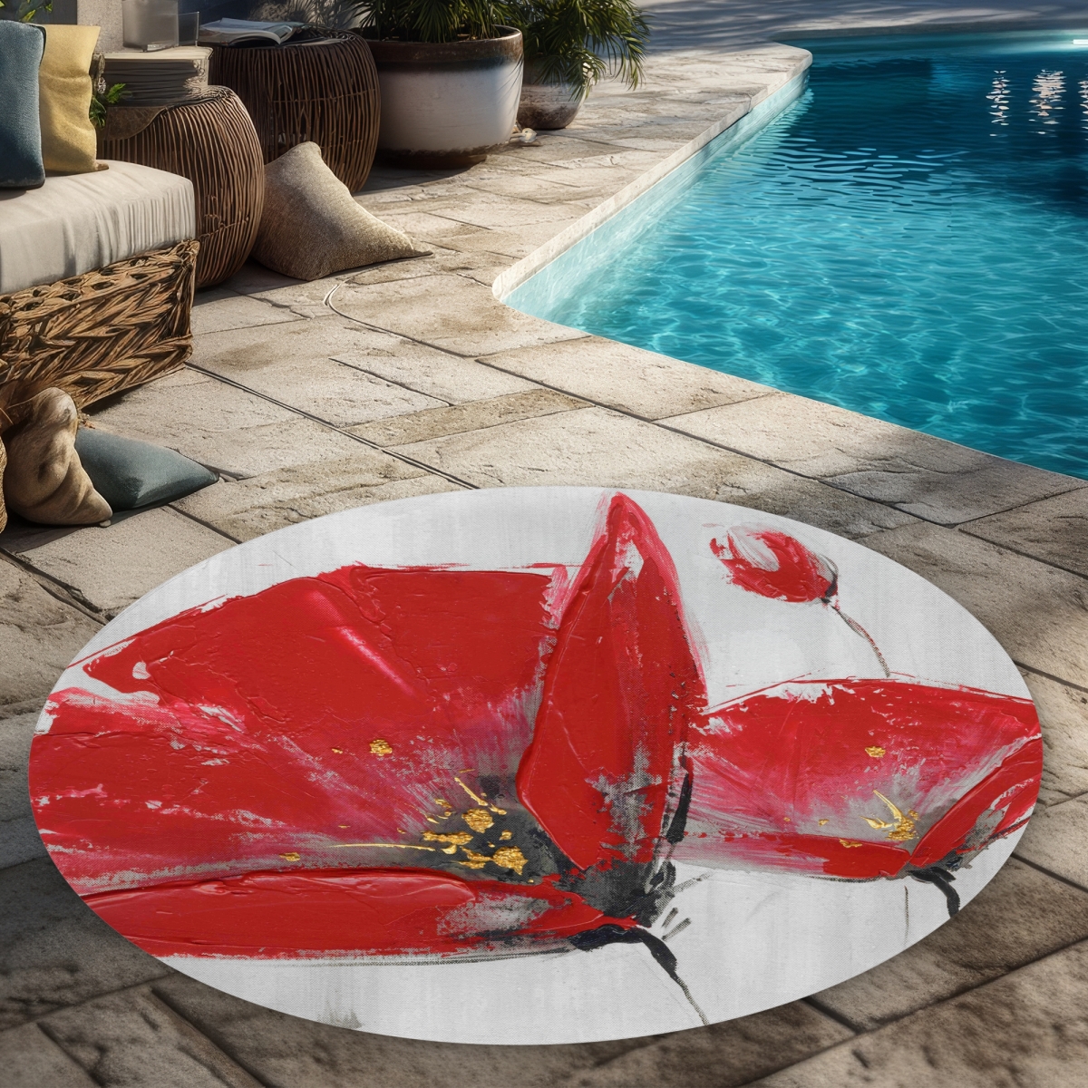 C1COAR55450B9D 5 x 5 ft. Three Red Flowers on Gray Background - Contemporary Outdoor Rug