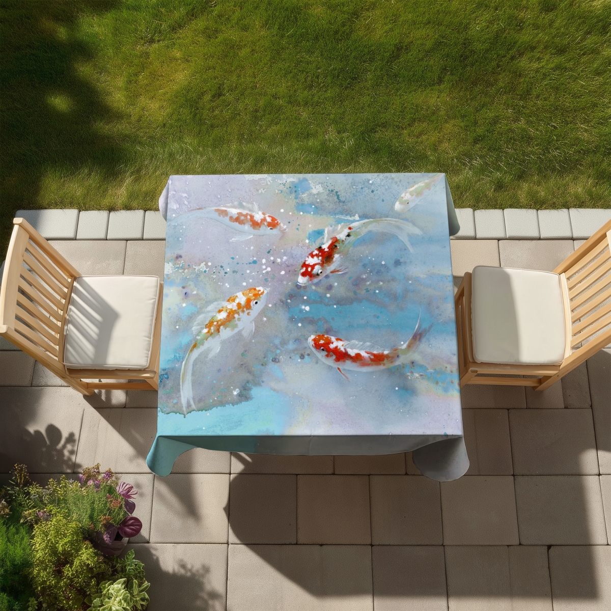 Picture of Begin Home Decor C1TC58587RMPU4 58 x 58 in. Koi Fish Swimming in Blue Water Tablecloth - Exotic Home Decor