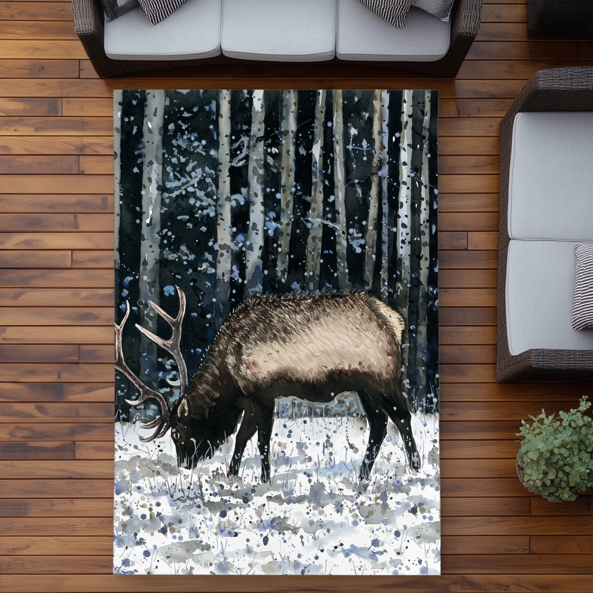 C1ROAR57P6B0AH 5 x 7 ft. Caribou in the Winter Forest Rug - Blue Holidays Outdoor Decor - Rectangle