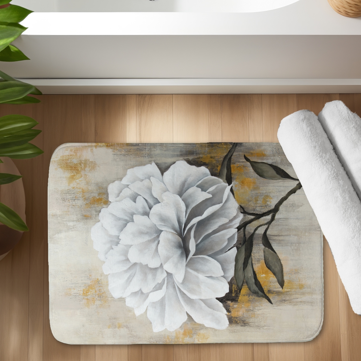 C1BM17240UFV2Q 17 x 24 in. White Peony Rustic Bath Mat - Floral Home Decor Accent
