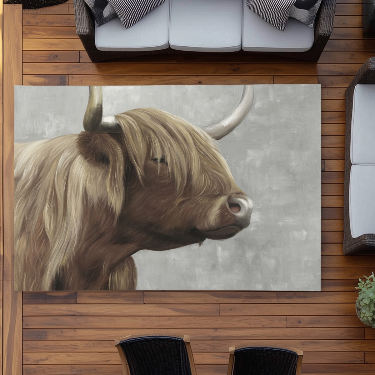 C1ROAR57RM2K3M 5 x 7 ft. Beautiful Desaturated Highland Cattle Rug - Black Outdoor Decor - Rectangle