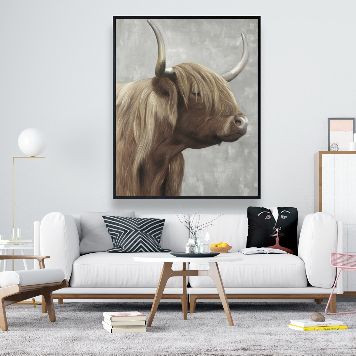 C1FC4860DSIEB7 48 x 60 in. Beautiful Desaturated Highland Cattle - Blue Framed Canvas Decor