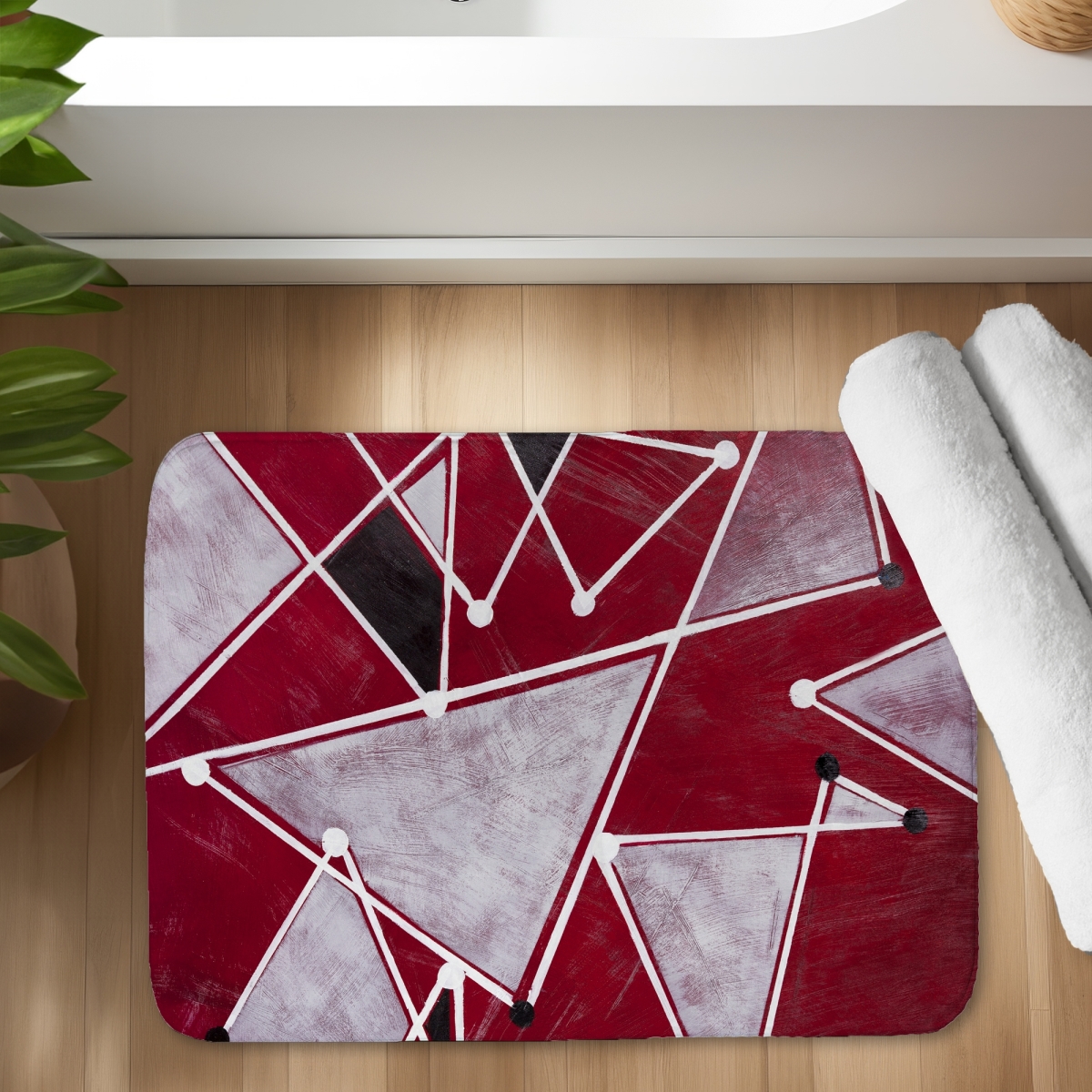 C1BM1724F9774A 17 x 24 in. White Triangles on Red Background - Abstract Shapes Bath Mat