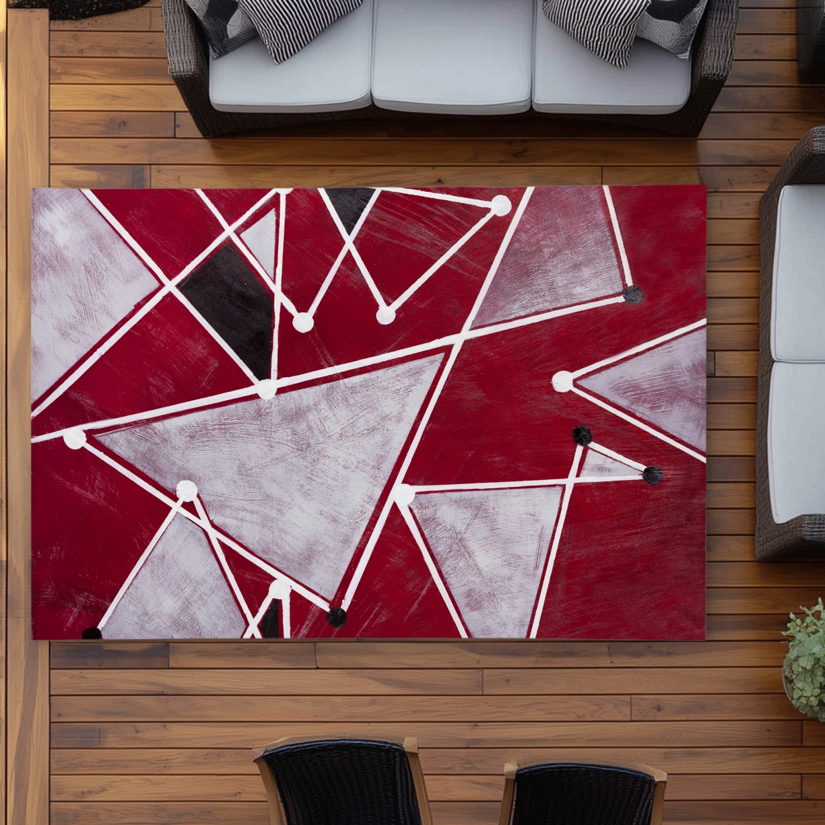 C1ROAR57ERC6XN 5 x 7 ft. White Triangles on Red Background - Office Shapes Outdoor Rug - Rectangle