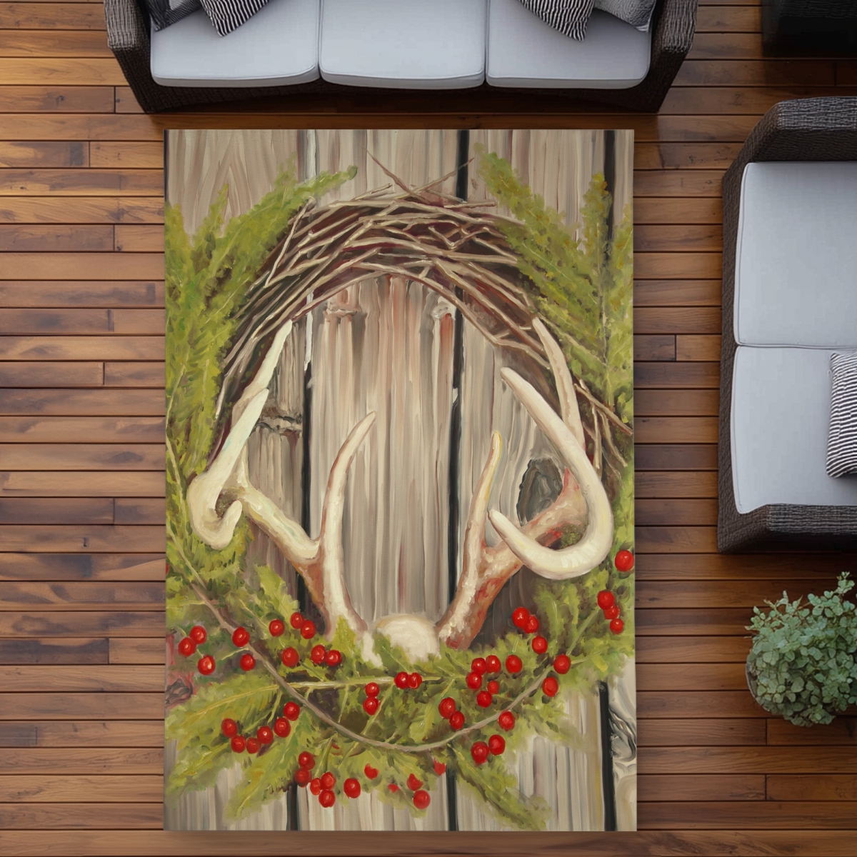 C1ROAR57U0JV2H 5 x 7 ft. Christmas Wreath with Panache - Deer Green Outdoor Area Rug - Rectangle