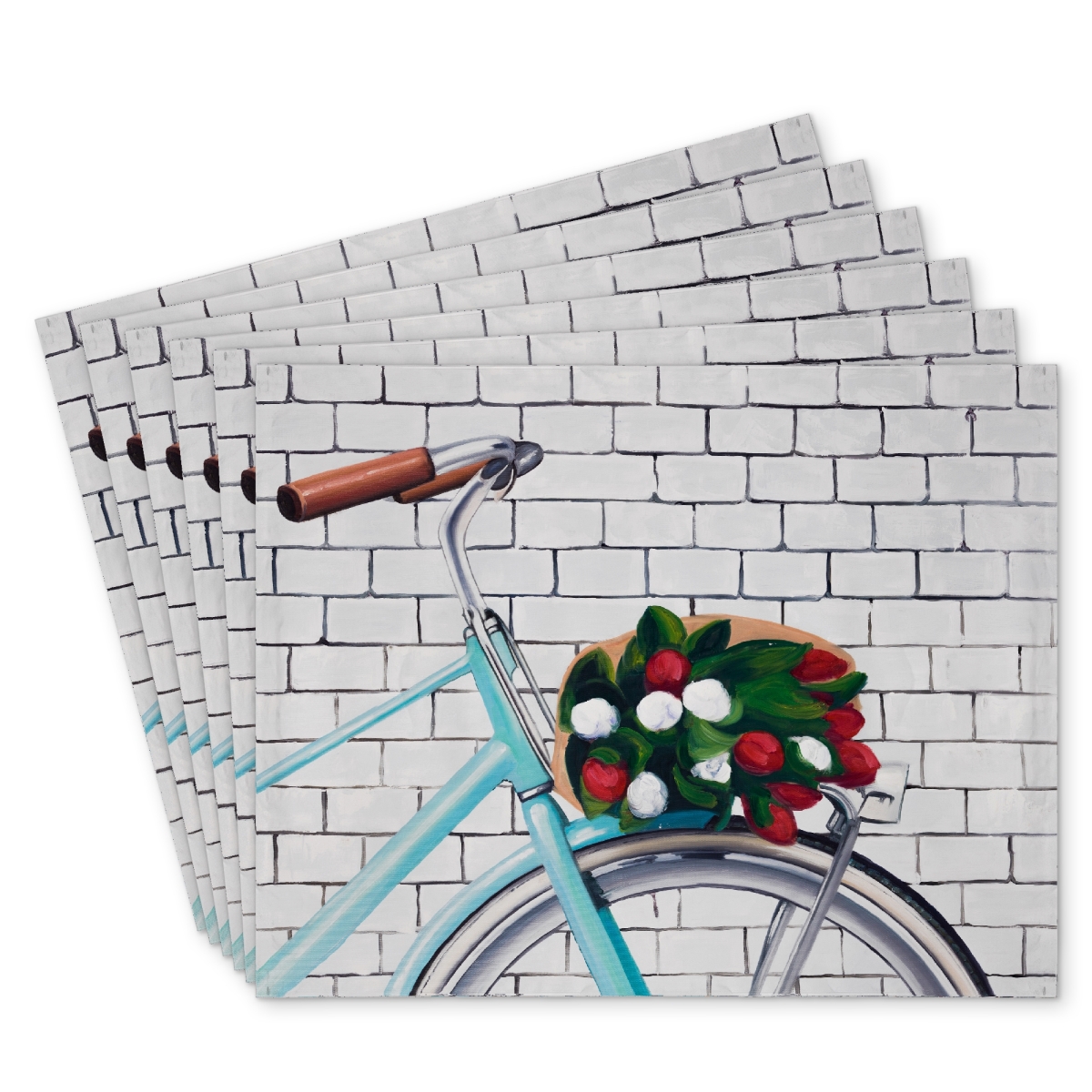 Picture of Begin Home Decor C6PP1418Q0Y67A 14 x 18 in. Bicycle with Tulips Polyester Placemat - Home Decor Accent - Set of 6