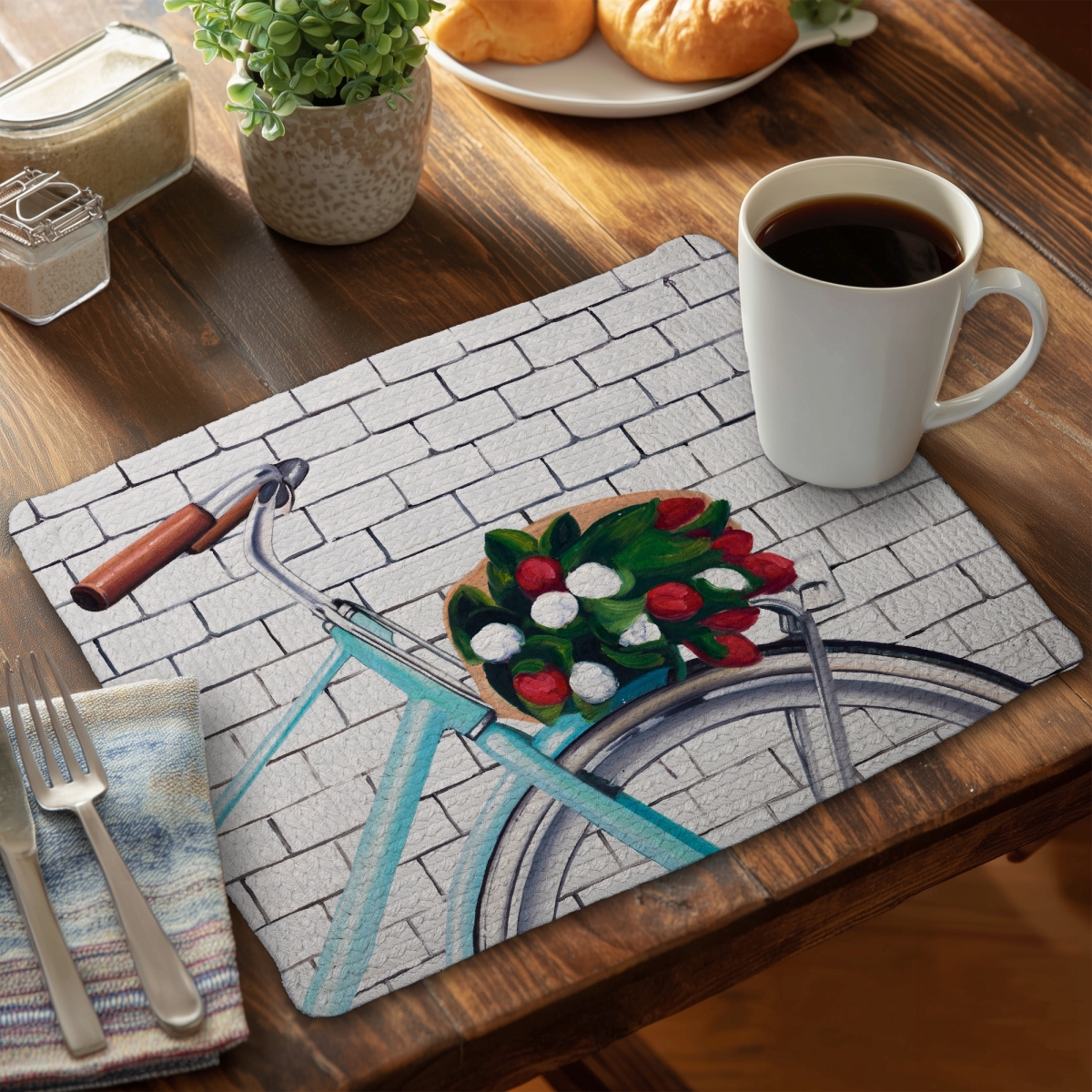 Picture of Begin Home Decor C6BP1418F1ZEIF 14 x 18 in. Bicycle with a Bouquet of Tulips - Braided Polyester Placemat - Set of 6
