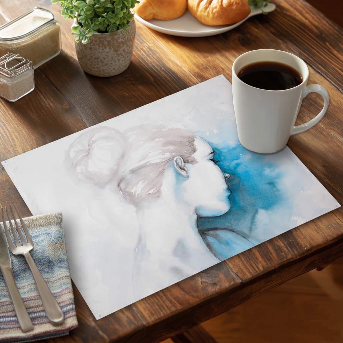 Picture of Begin Home Decor C4PP1418EWRN9O 14 x 18 in. Watercolor Abstract Girl with Hair Bun - Polyester Placemat - Set of 4