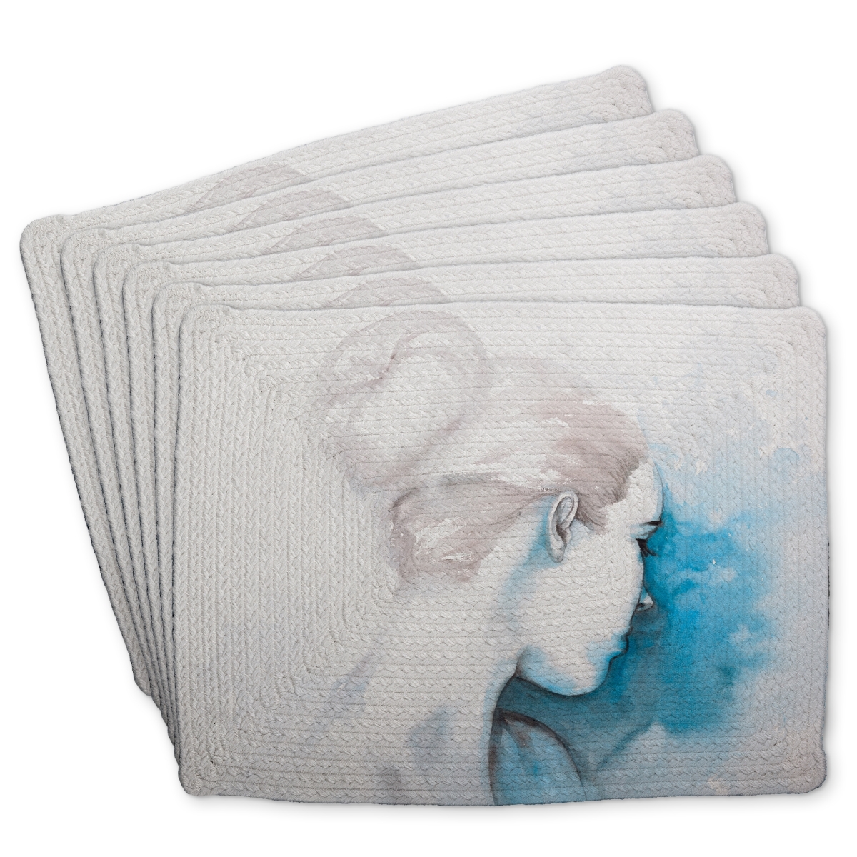 Picture of Begin Home Decor C6BP1418P8LKK4 14 x 18 in. Watercolor Abstract Girl with Hair Bun - Braided Polyester Placemat - Set of 6