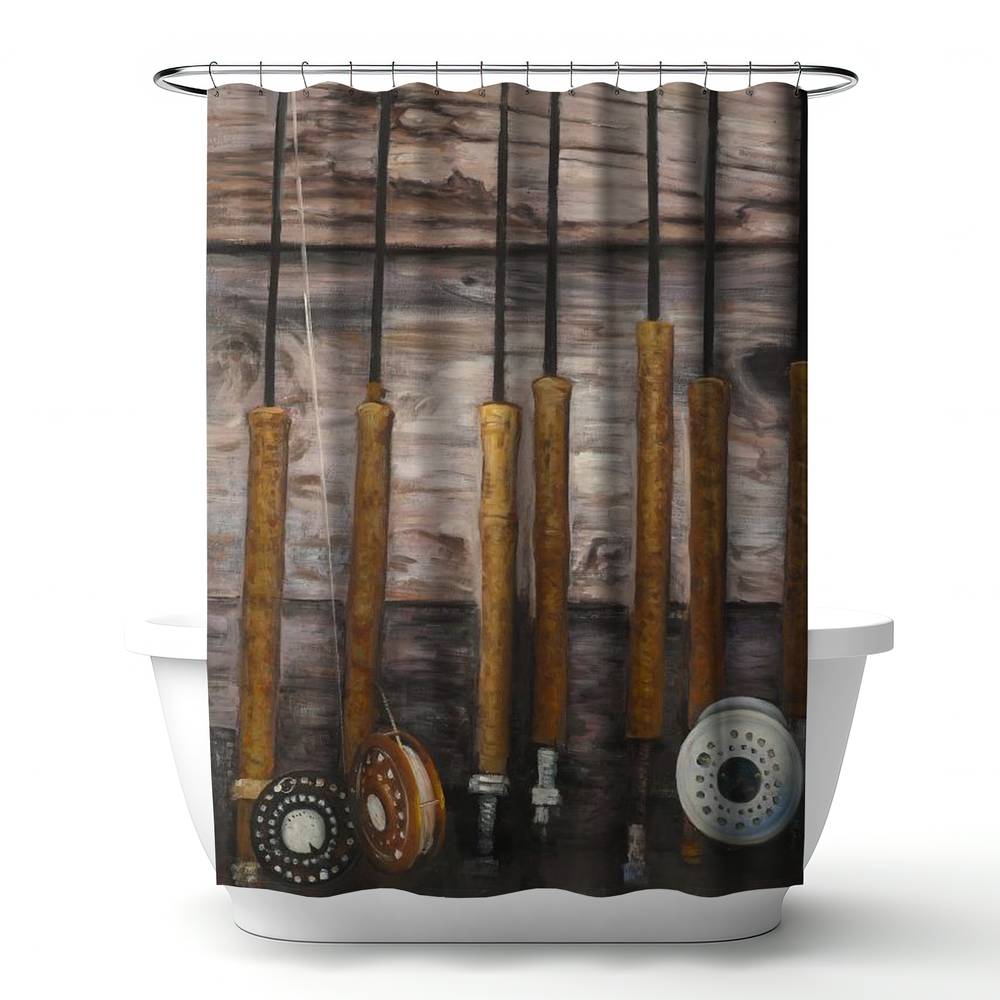 4240-7174-SL7 71 x 74 in. Fishing Rods Rustic Shower Curtain - Still Life Hobbies Decor
