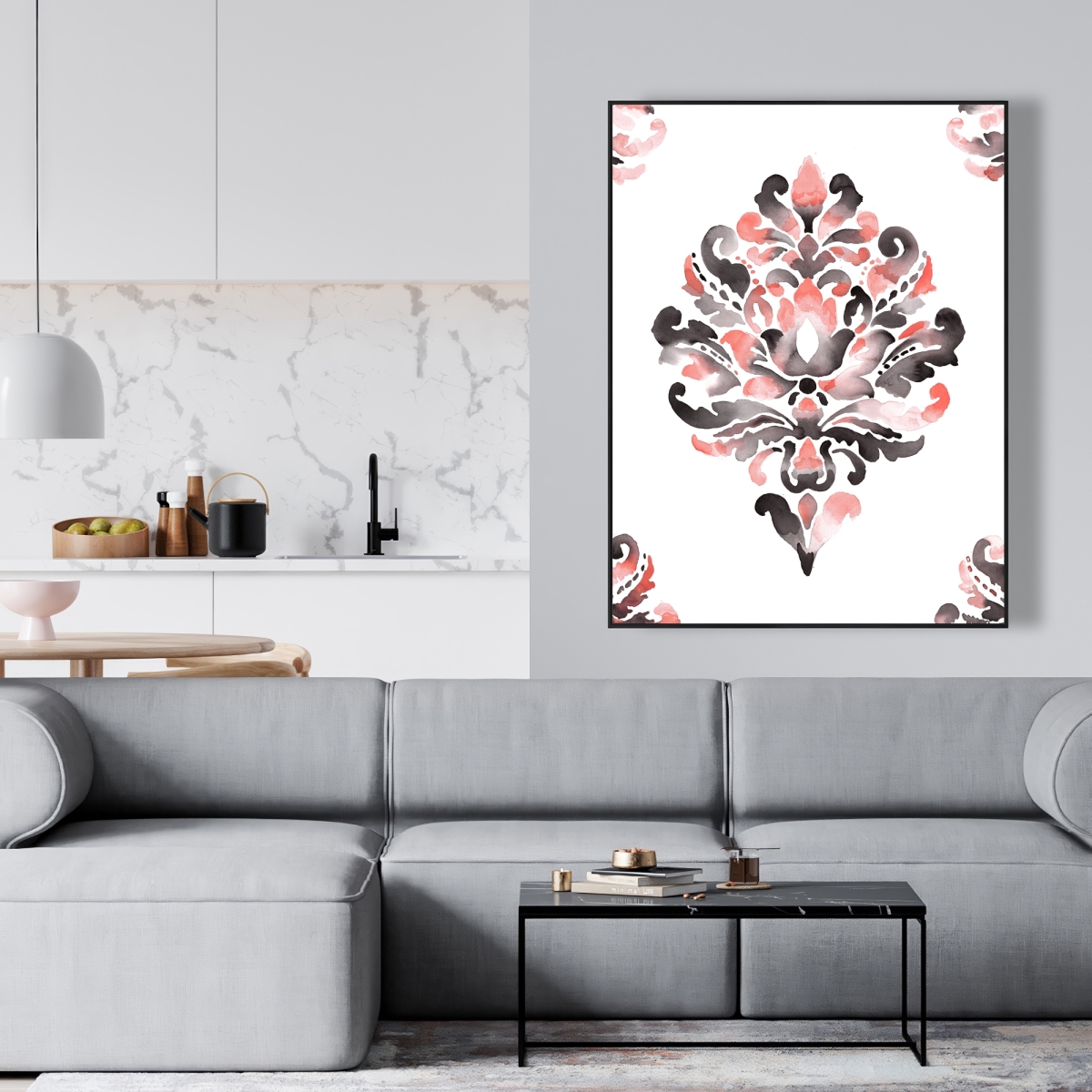 C1FC3648O8E871 36 x 48 in. Coral Baroque Ornament - Pattern Coral Framed Canvas Decor