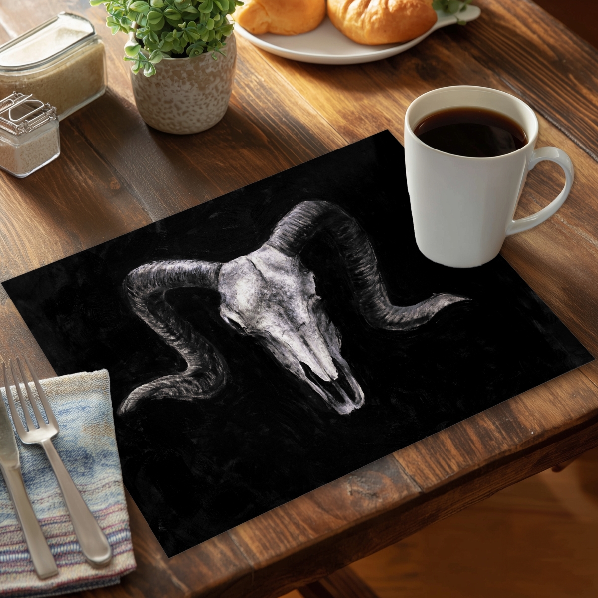 Picture of Begin Home Decor C6PP1418ZKAR8M 14 x 18 in. Ram Skull Grunge Style Polyester Placemat - Home Decor - Set of 6