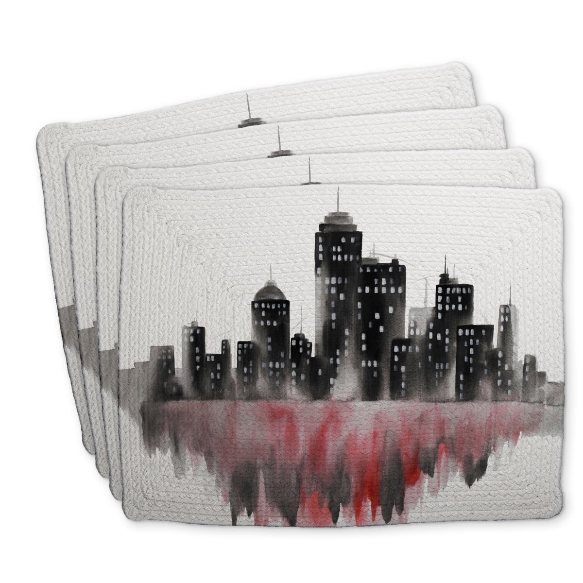 Picture of Begin Home Decor C4BP14186OYZLP 14 x 18 in. Red Watercolor Cityscape Braided Polyester Placemat - Home Decor - Set of 4
