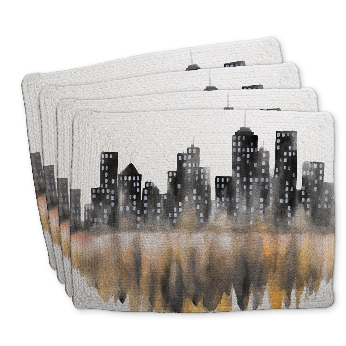 Picture of Begin Home Decor C4BP1418IAUT2E 14 x 18 in. Yellow Watercolor Cityscape Braided Polyester Placemat - Home Decor - Set of 4