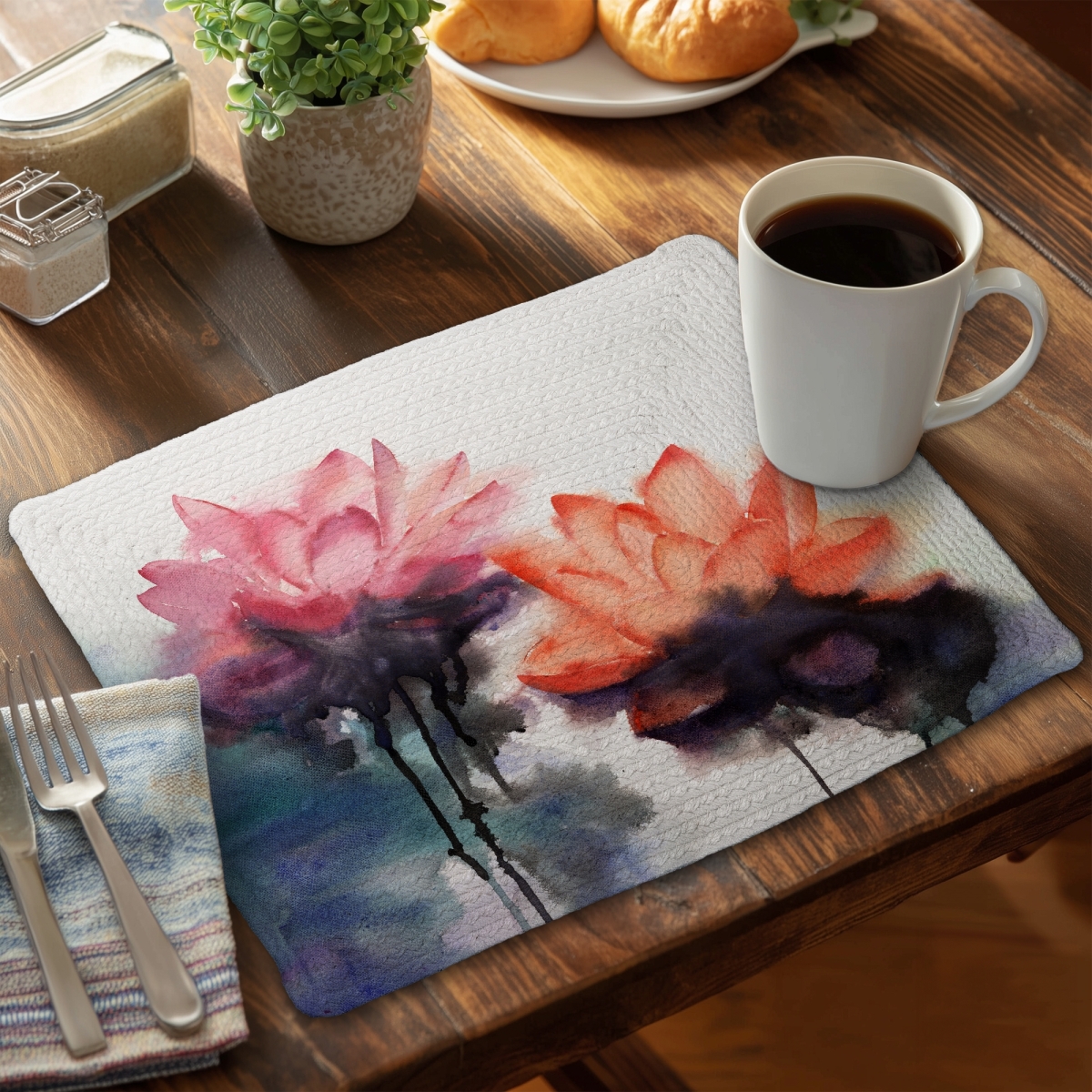 Picture of Begin Home Decor C6BP14187P8469 14 x 18 in. Watercolor Lotus Flowers Braided Polyester Placemat - Home Decor - Set of 6