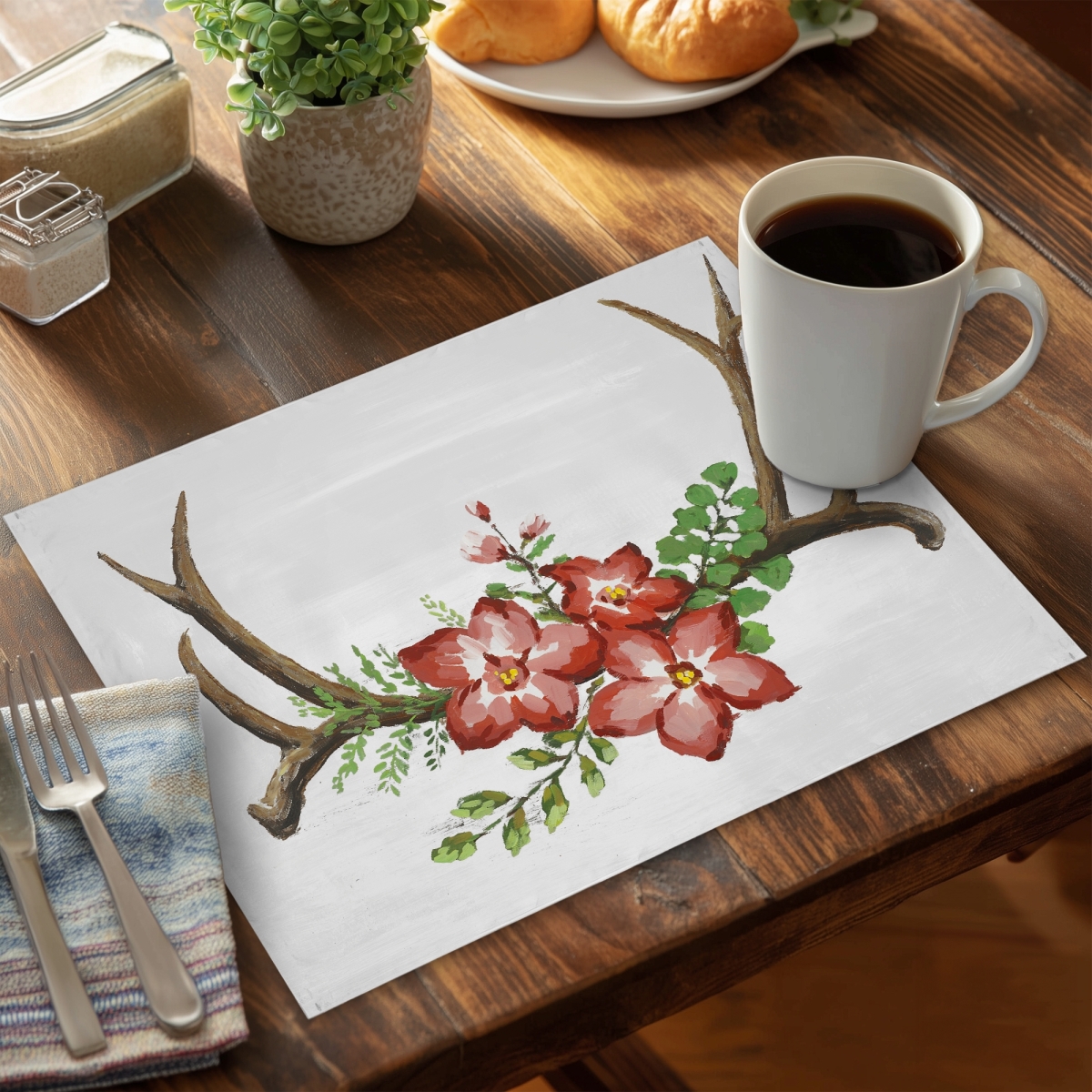 Picture of Begin Home Decor C4PP1418GF9Q68 14 x 18 in. Deer Horns & Pink Flowers Polyester Placemat - Home Decor - Set of 4