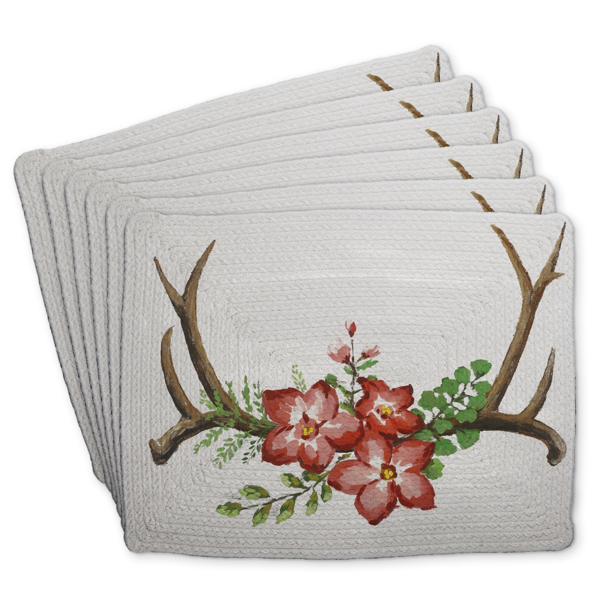 Picture of Begin Home Decor C6BP1418NGX6ZX 14 x 18 in. Braided Polyester Placemats - Deer Horns & Pink Flowers Set - Set of 6