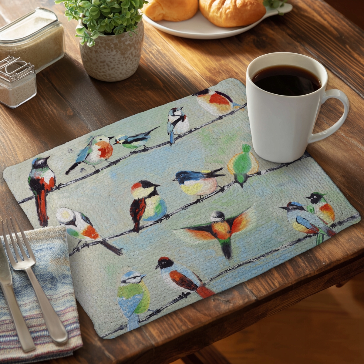 Picture of Begin Home Decor C6BP14182F1L7K 14 x 18 in. Small Abstract Colorful Birds Braided Polyester Placemat - Home Decor - Set of 6