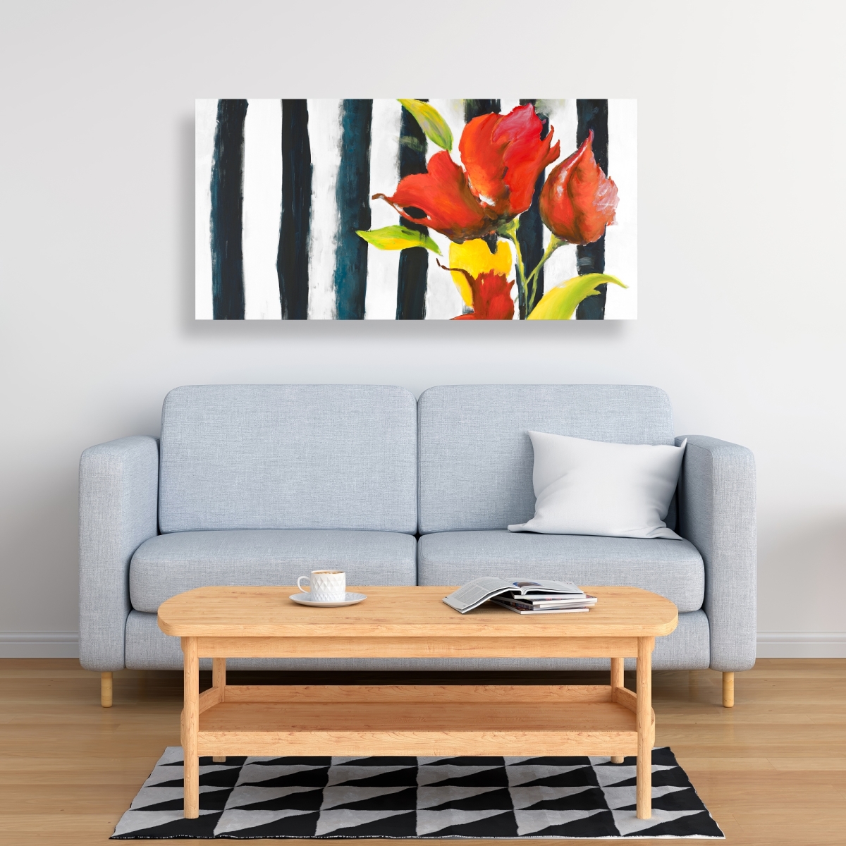 C1RC2448ML1ULF 24 x 48 in. Flowers on Black & White Stripes - Botanical Canvas Decor