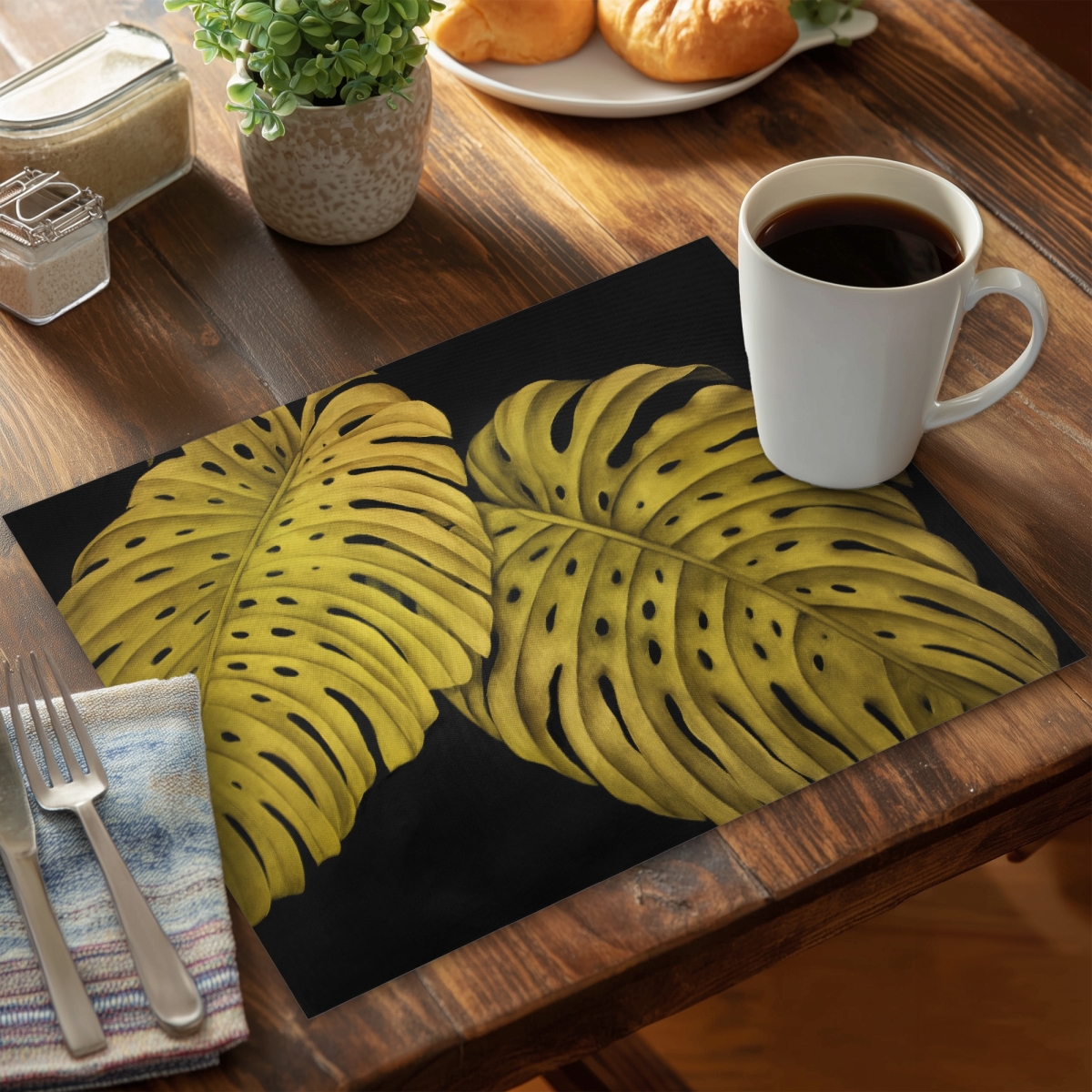 Picture of Begin Home Decor C4PP1418SMKWNR 14 x 18 in. Gold Monstera Polyester Placemat - Stylish Home Decor Accent - Set of 4