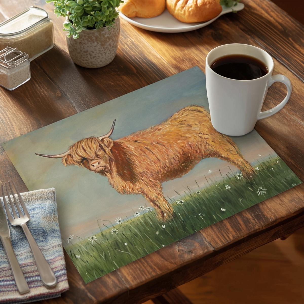 Picture of Begin Home Decor C6PP1418HABD0Z 14 x 18 in. Daisy the Highland Cow - Polyester Placemat for Home Decor - Set of 6