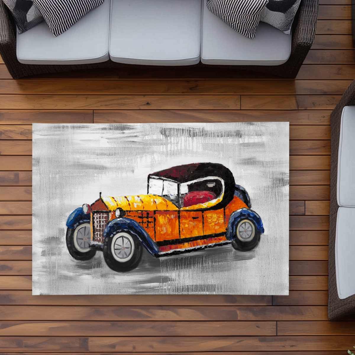 C1ROAR351JRHT1 3 x 5 ft. Yellow Vintage Car Toy - Bedroom Illustrative Outdoor Area Rug - Rectangle