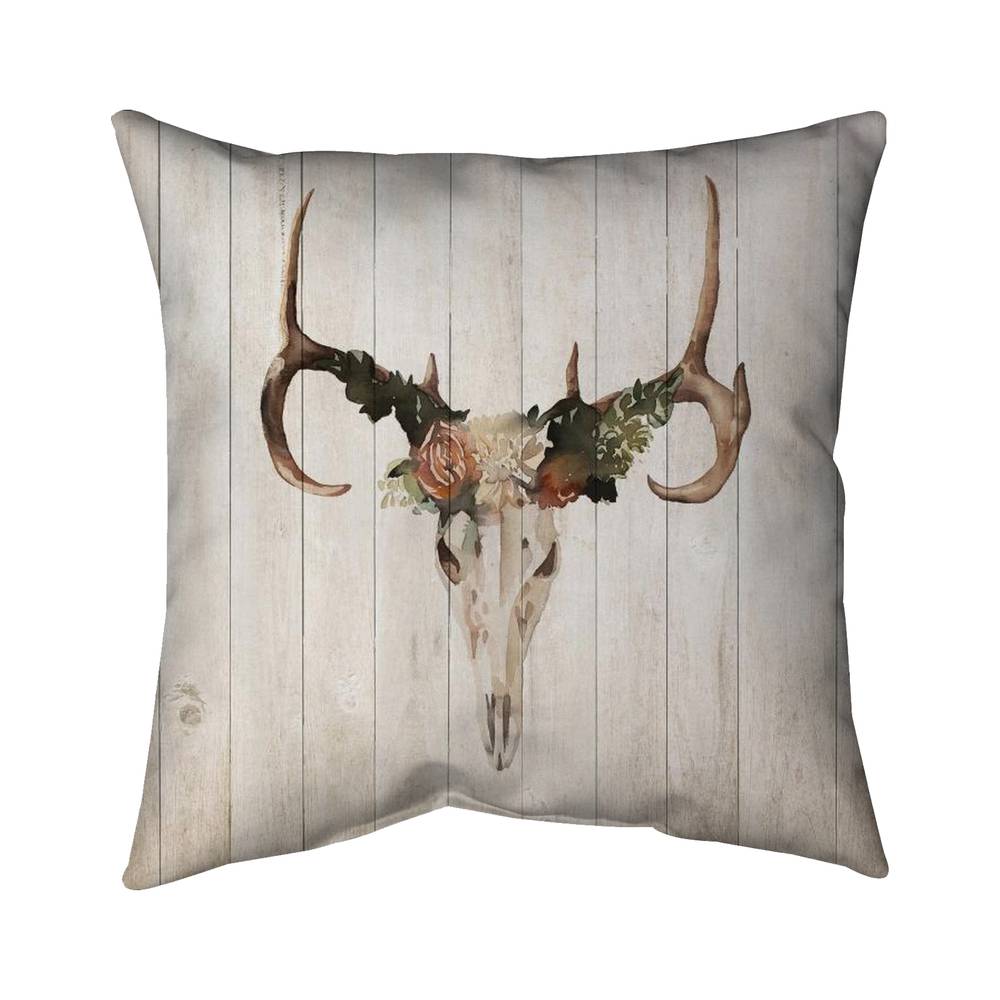 5541-1616-AN405-1 16 x 16 in. Rustic Bathroom Pillow - Mule Deer Skull with Roses Decor