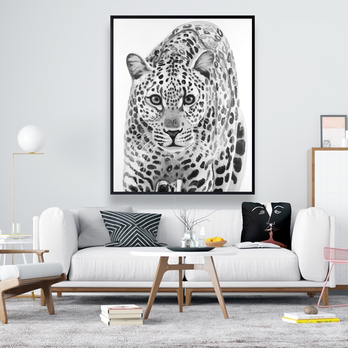 C1FC4860X3VH0D 48 x 60 in. Leopard Ready To Attack - Feline White Framed Canvas Art