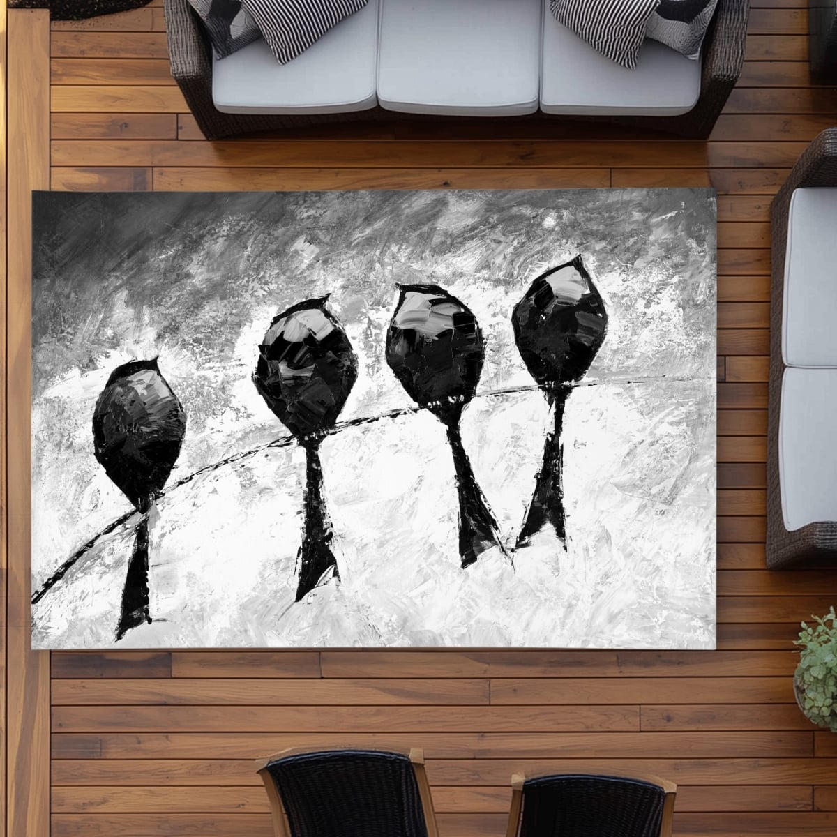C1ROAR57E48JOK 5 x 7 ft. Four Birds Perched Monochrome Black Outdoor Area Rug - Decor - Rectangle