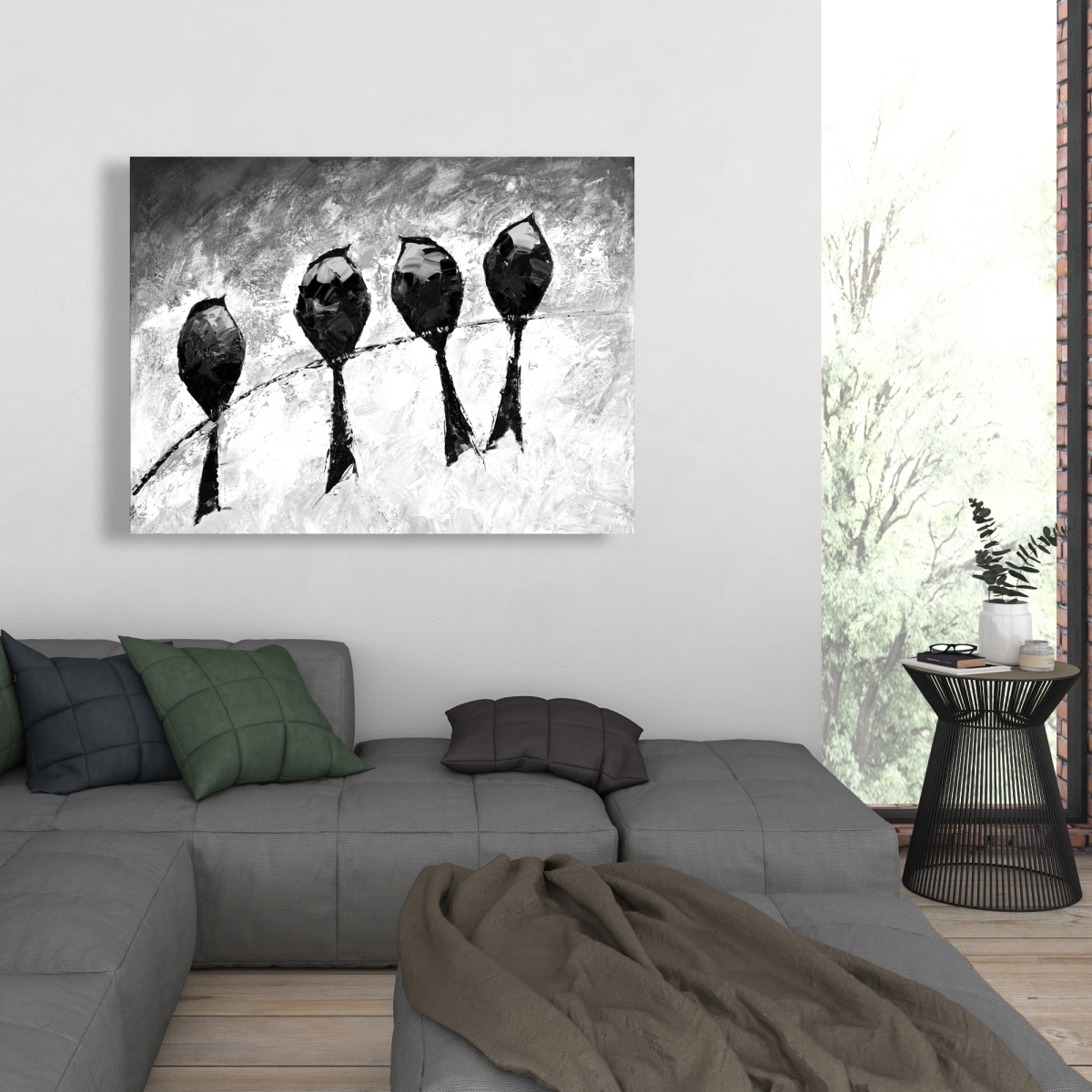C1RC3648S2LOIH 36 x 48 in. Four Birds Perched - Monochrome White Canvas for Home Decor