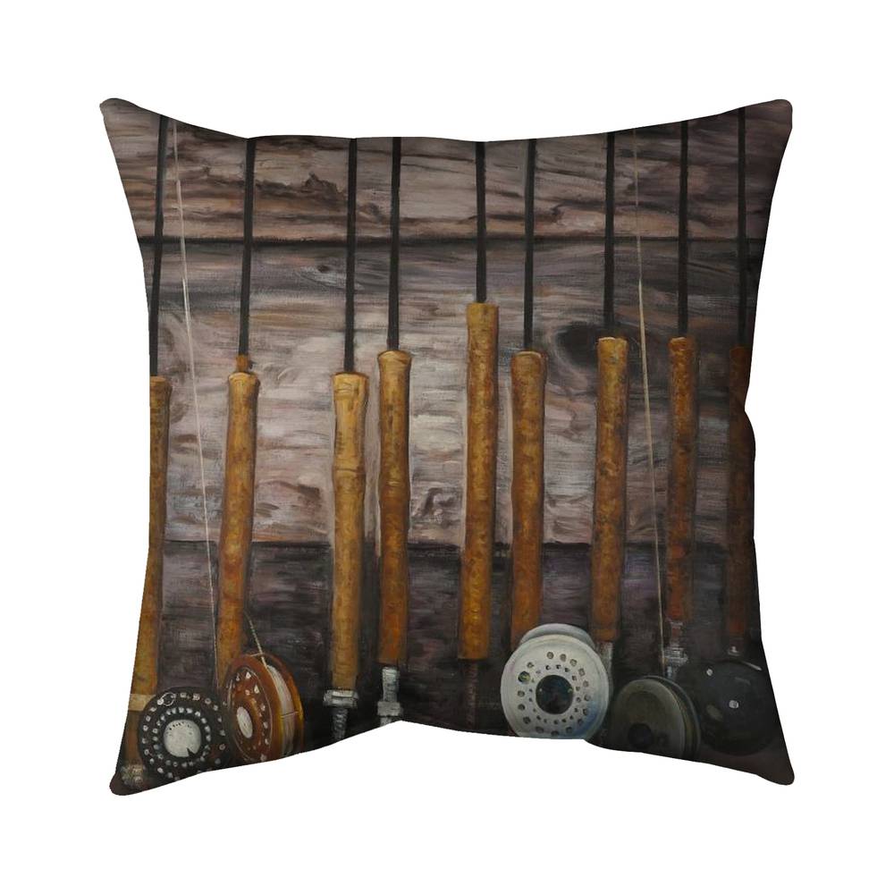 5543-2626-SL7 26 x 26 in. Fishing Rods on Wood - Rustic Brown Poly Twill Throw Decor