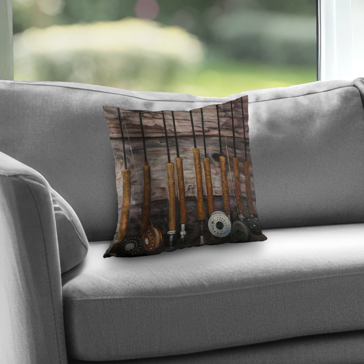 C1PC1414KFEO1D 14 x 14 in. Fishing Rods on Wood - Poly Twill Throw for Home Decor