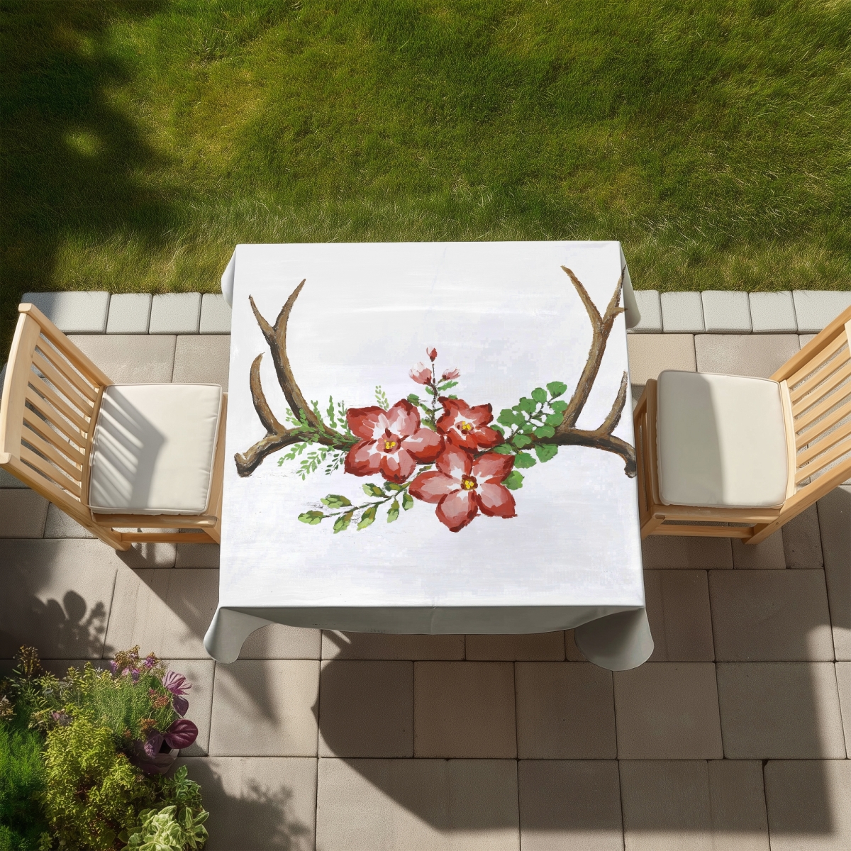 Picture of Begin Home Decor C1TC585882VAM4 58 x 58 in. Deer Horns & Pink Flowers Tablecloth - Indoor Outdoor Decor