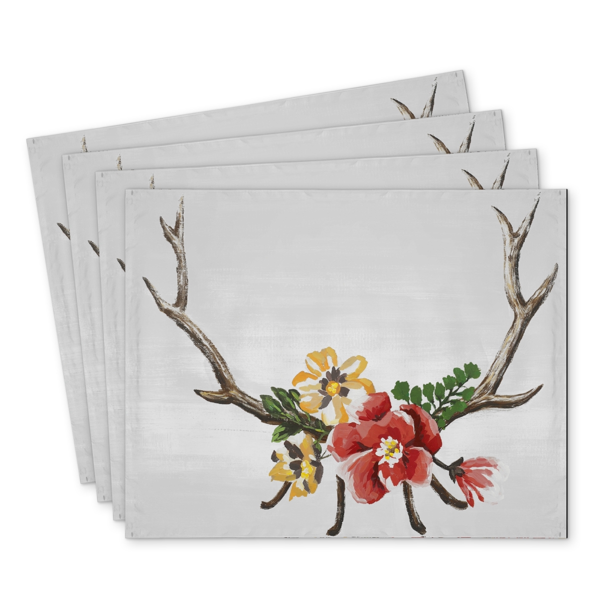 Picture of Begin Home Decor C4PP1418VXB6MM 14 x 18 in. Deer Horns with Flowers Polyester Placemat - Home Decor - Set of 4