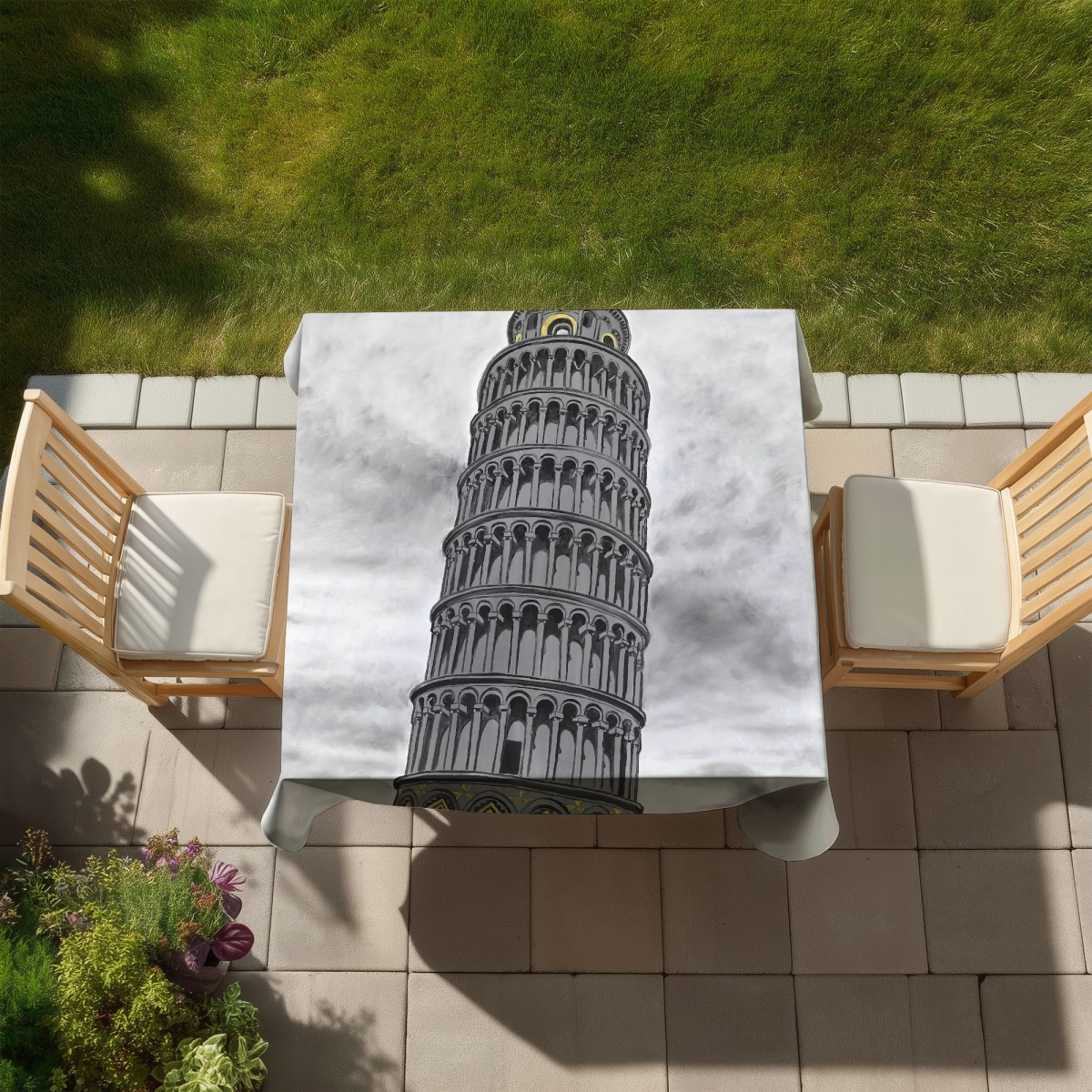 Picture of Begin Home Decor C1TC5858M2E031 58 x 58 in. Illustrative Gray Cities Tablecloth - Tower of Pisa Home Decor