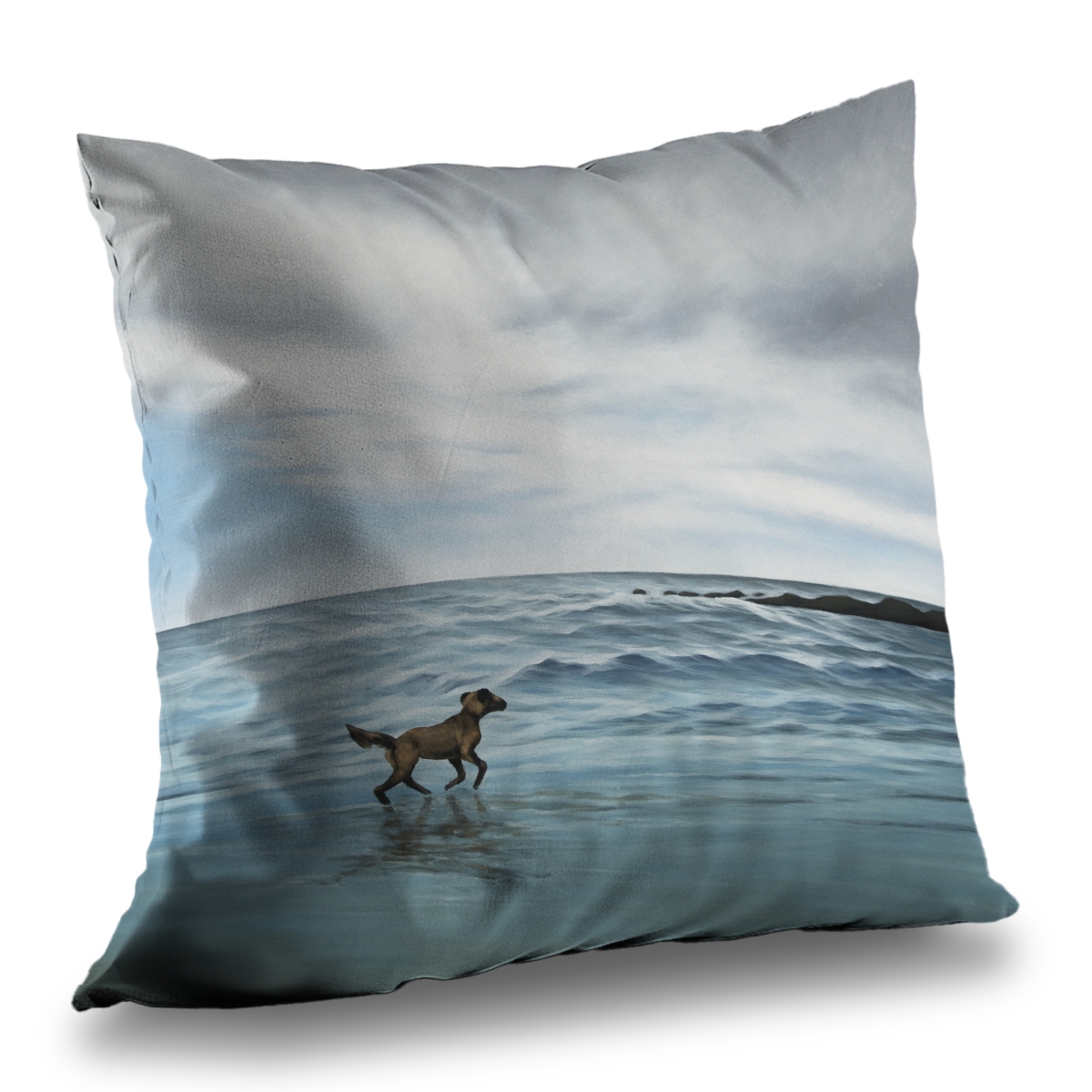 C1PT1414O8S8W4 14 x 14 in. Dog on the Beach Blue Bathroom Poly Twill Throw Pillow - Home Decor