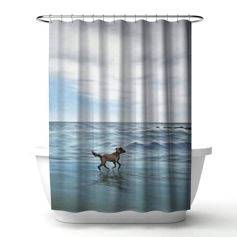 4240-7174-CO152 71 x 74 in. Dog on the Beach Shower Curtain - Bathroom Decor for Pet Lovers