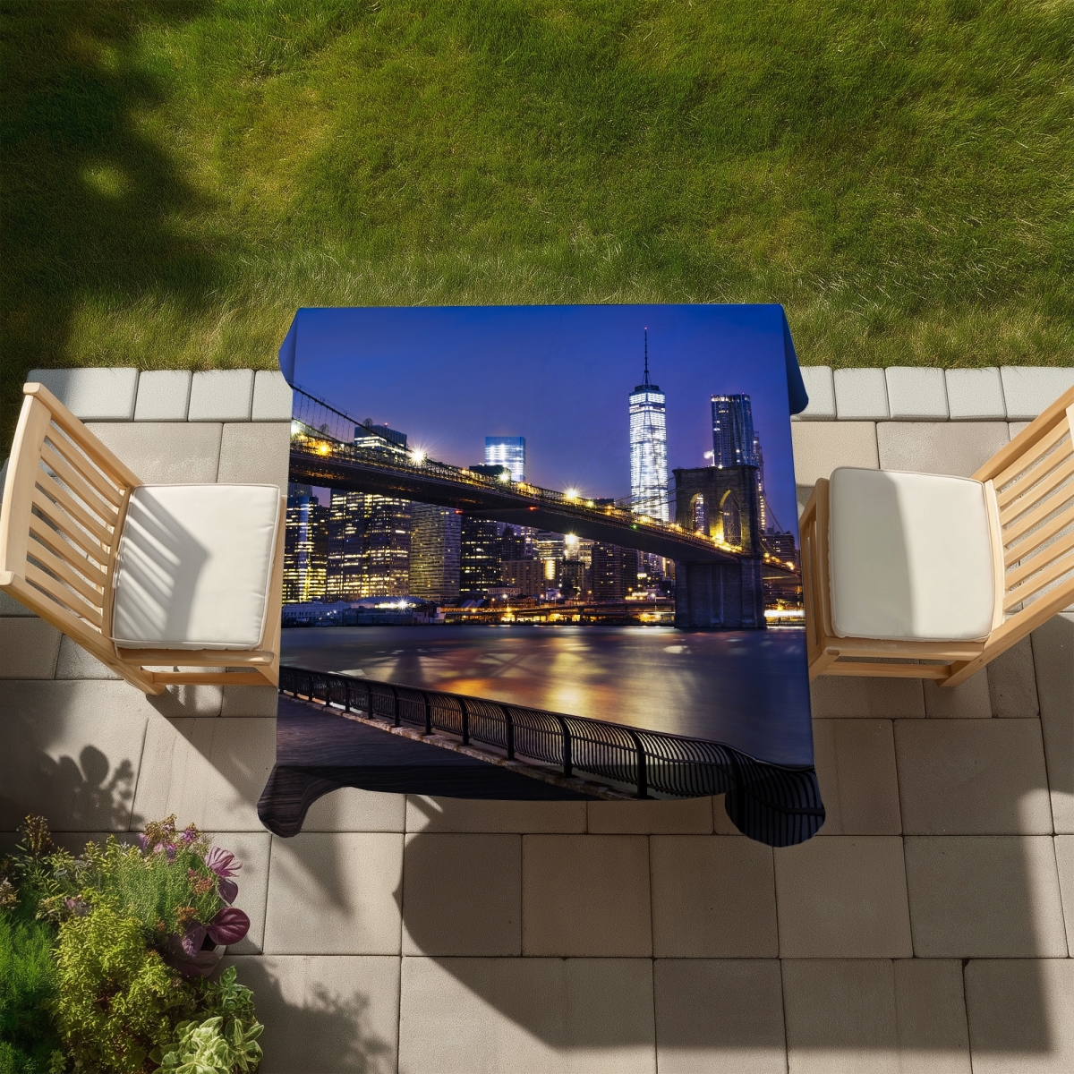 Picture of Begin Home Decor C1TC5858WFZLMY 58 x 58 in. City At Night Blue Tablecloth - Indoor & Outdoor Home Decor