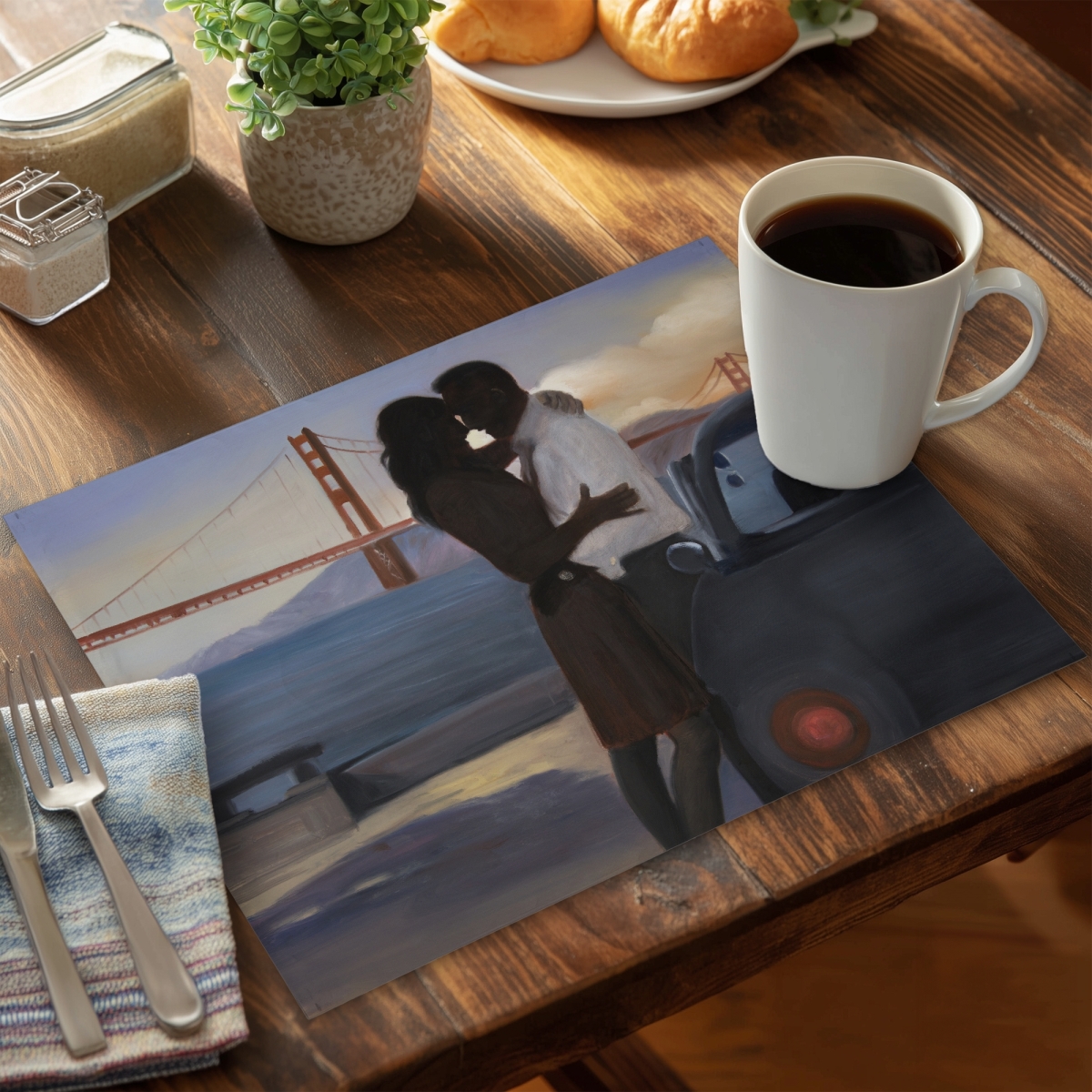Picture of Begin Home Decor C4PP1418JOZZUY 14 x 18 in. A Loving Couple in San Francisco Polyester Placemat - Home Decor - Set of 4