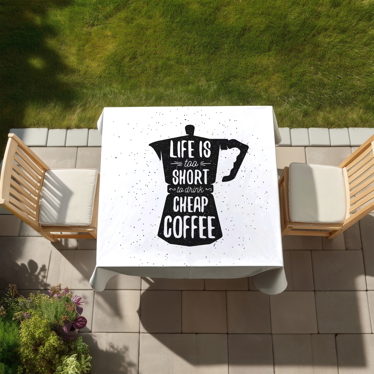 Picture of Begin Home Decor C1TC5858NF4XRR 58 x 58 in. Life & Coffee Tablecloth - Black Minimalist Indoor & Outdoor