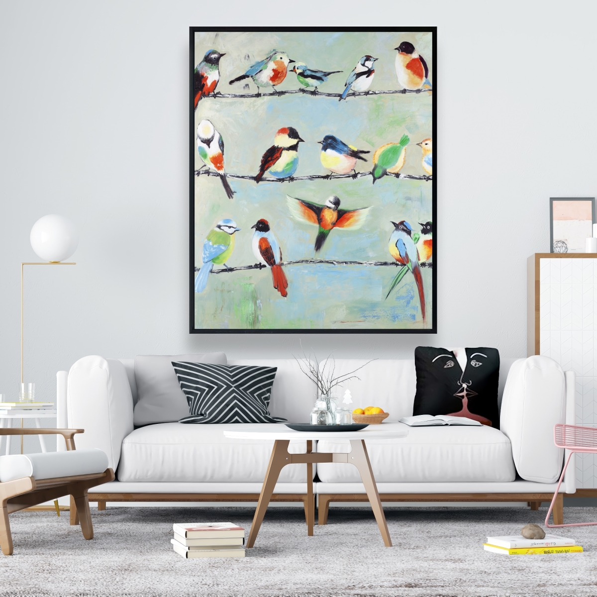 C1FC4860PS1CYU 48 x 60 in. Small Abstract Colorful Birds Canvas - Orange Framed Decor