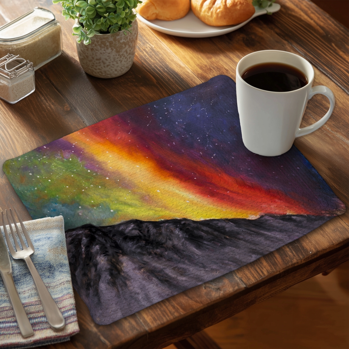 Picture of Begin Home Decor C6BP1418XHGQU3 14 x 18 in. Aurora Borealis in the Mountain Braided Polyester Placemat - Home Decor - Set of 6