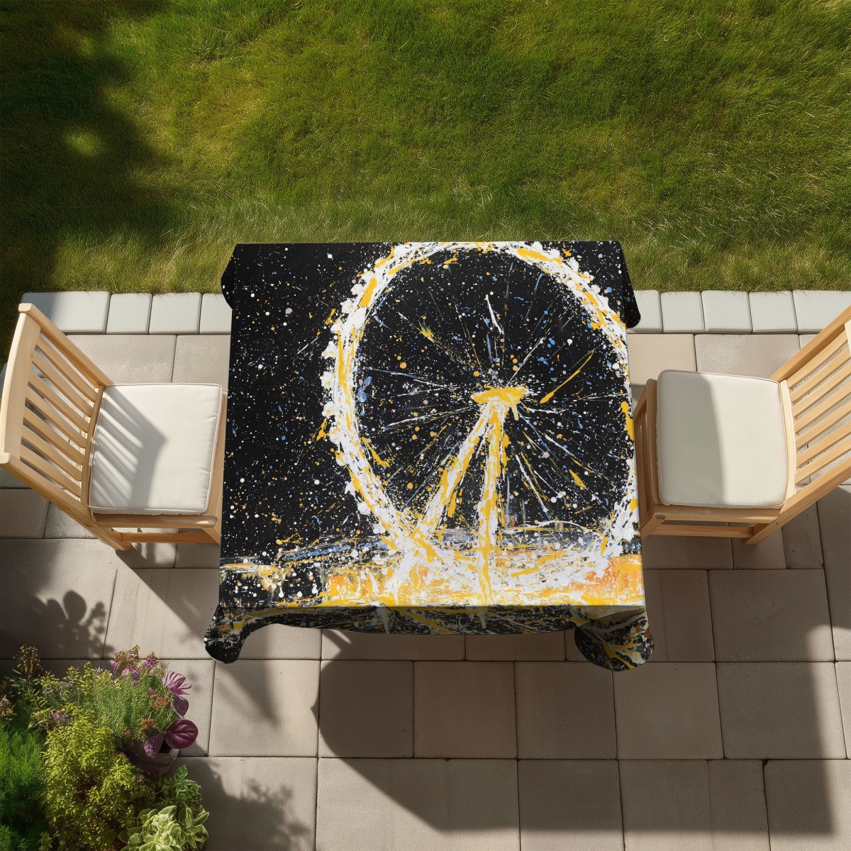 Picture of Begin Home Decor C1TC5858FXFLKK 58 x 58 in. Abstract London Eye Tablecloth - Black Indoor Outdoor Decor