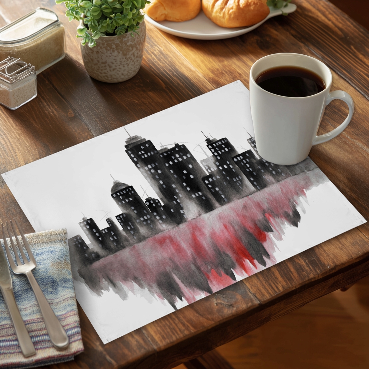 Picture of Begin Home Decor C6PP1418EWQJW5 14 x 18 in. Red Watercolor Cityscape Polyester Placemat - Home Decor - Set of 6