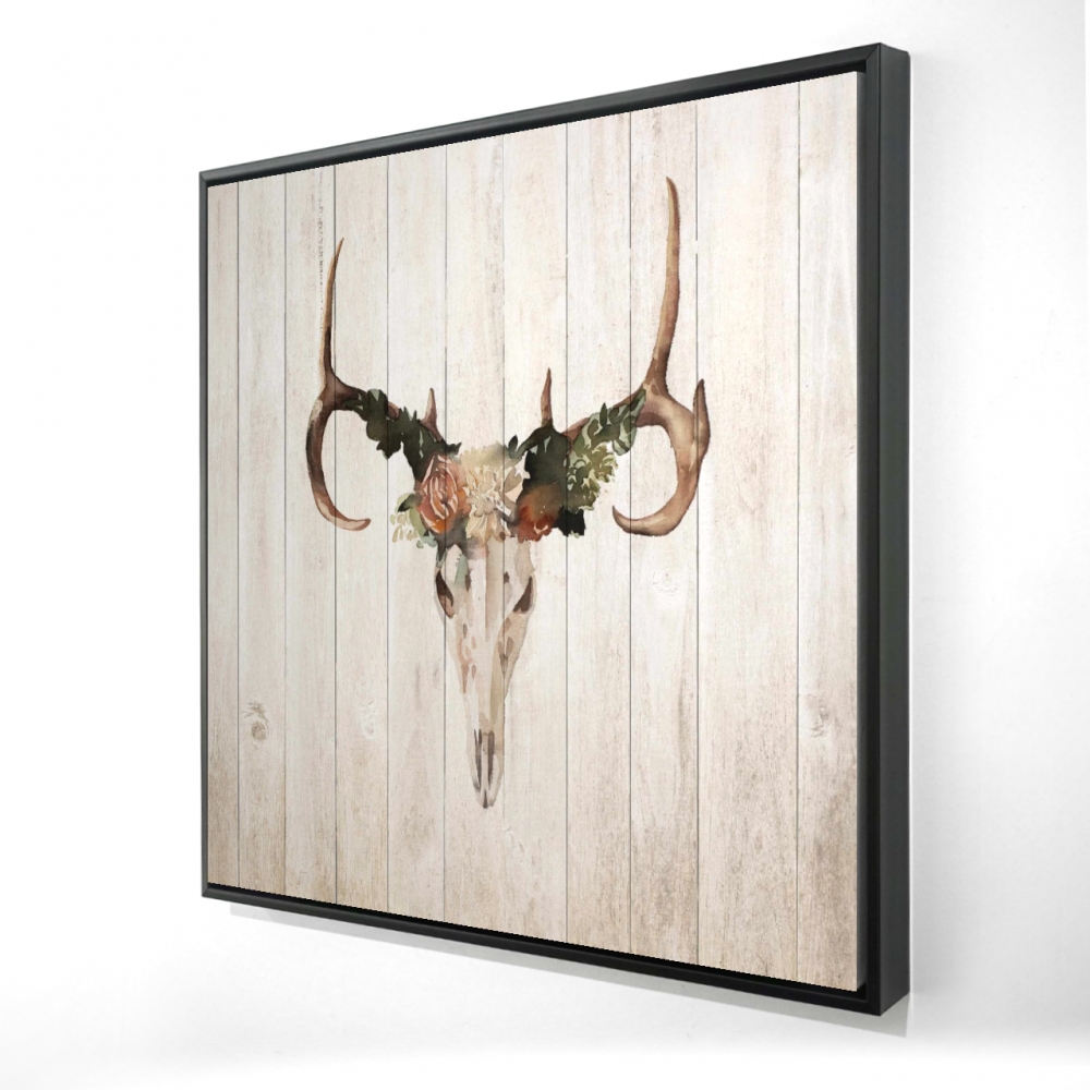 2081-2424-AN405-1 24 x 24 in. Mule Deer Skull with Roses Canvas - Rustic Bathroom Decor