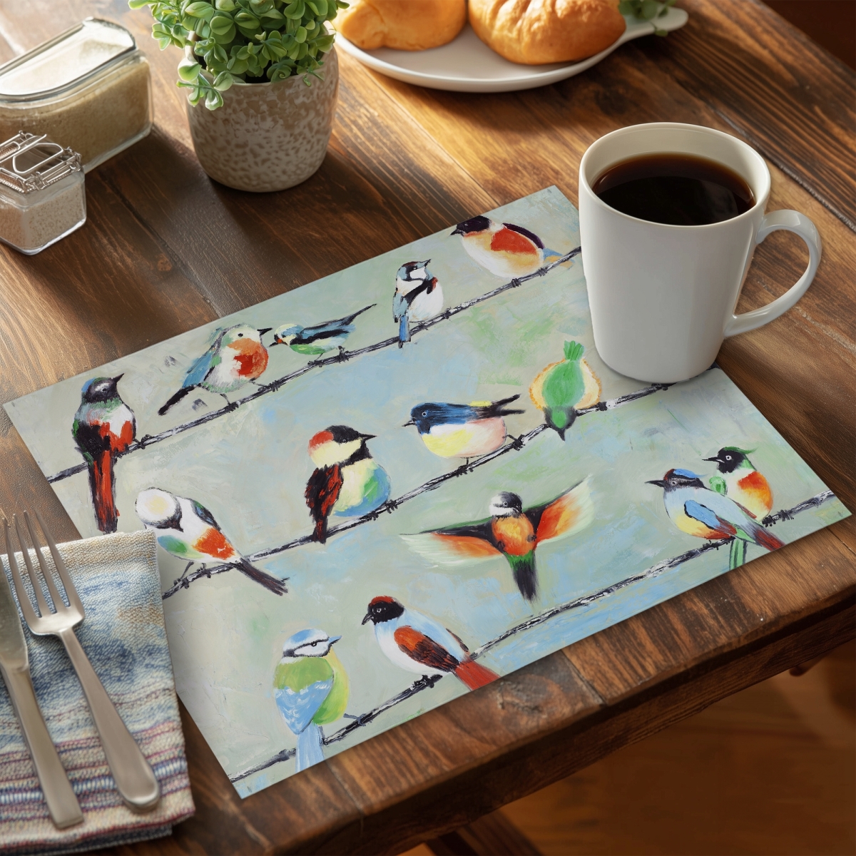 Picture of Begin Home Decor C6PP1418V2OH9M 14 x 18 in. Small Abstract Colorful Birds Polyester Placemat - Home Decor - Set of 6